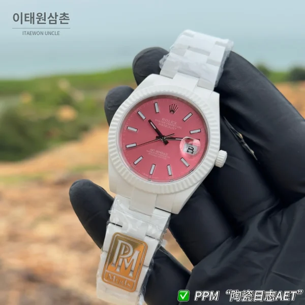 롤렉스 데이트저스트 오토매틱 41mm 핑크 다이얼 세라믹 브레이슬릿 화이트 베젤