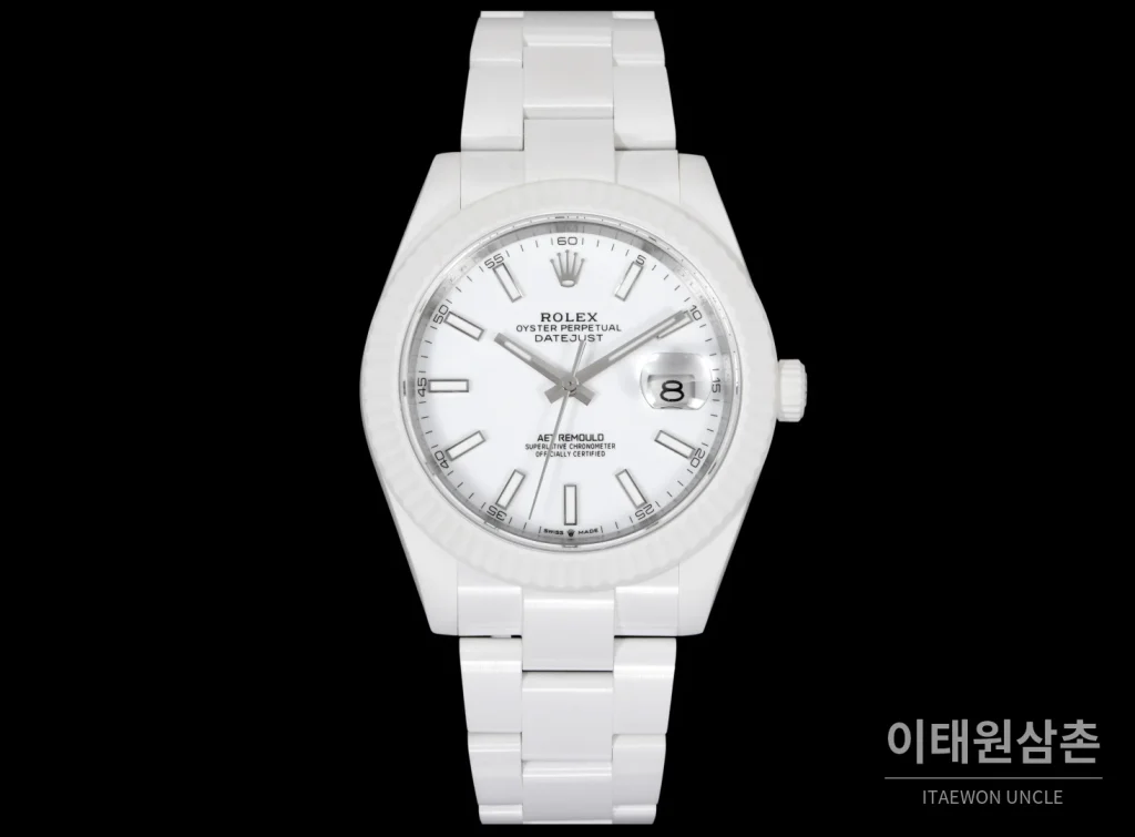 롤렉스 데이트저스트 오토매틱 41mm 화이트 다이얼 세라믹 브레이슬릿 화이트 베젤 (2)