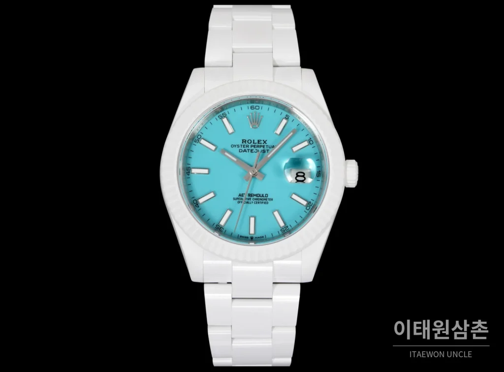 롤렉스 데이트저스트 오토매틱 41mm 아이스블루 다이얼 세라믹 브레이슬릿 화이트 베젤 (2)