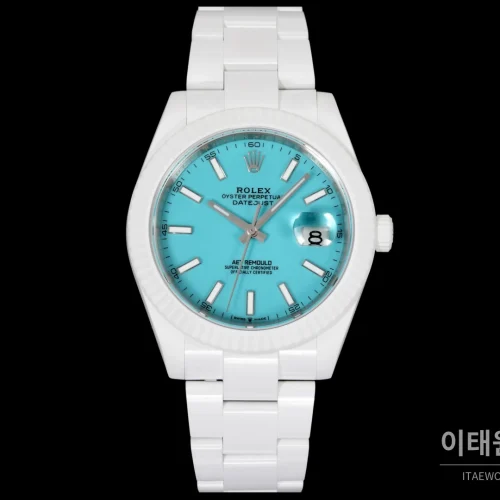 롤렉스 데이트저스트 오토매틱 41mm 아이스블루 다이얼 세라믹 브레이슬릿 화이트 베젤 (2)