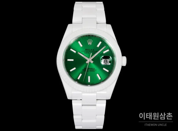 롤렉스 데이트저스트 오토매틱 41mm 그린 다이얼 세라믹 브레이슬릿 화이트 베젤