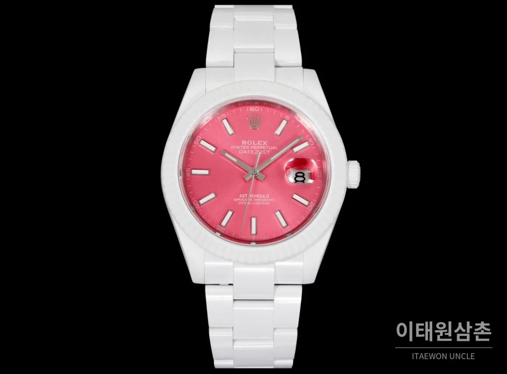롤렉스 데이트저스트 오토매틱 41mm 핑크 다이얼 세라믹 브레이슬릿 화이트 베젤 (2)