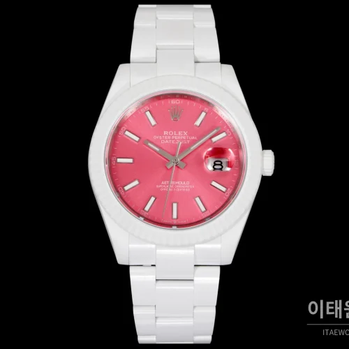 롤렉스 데이트저스트 오토매틱 41mm 핑크 다이얼 세라믹 브레이슬릿 화이트 베젤 (2)