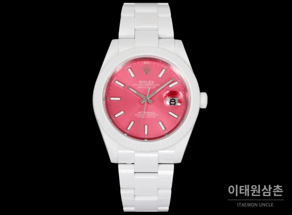 롤렉스 데이트저스트 오토매틱 41mm 핑크 다이얼 세라믹 브레이슬릿 화이트 베젤 (2)