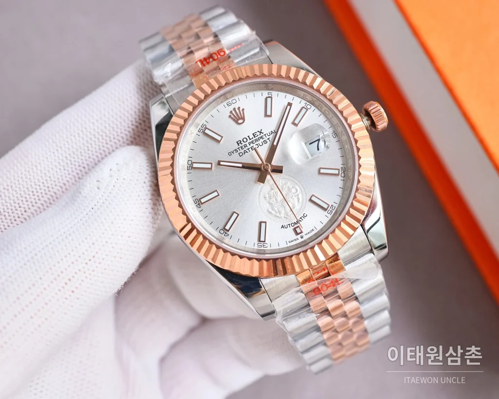 롤렉스 데이트저스트 오토매틱 41mm 실버 다이얼 투톤 브레이슬릿 로즈골드 베젤