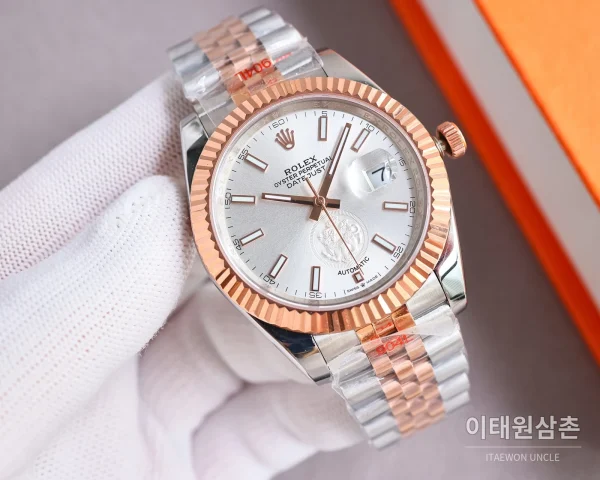 롤렉스 데이트저스트 오토매틱 41mm 실버 다이얼 투톤 브레이슬릿 로즈골드 베젤