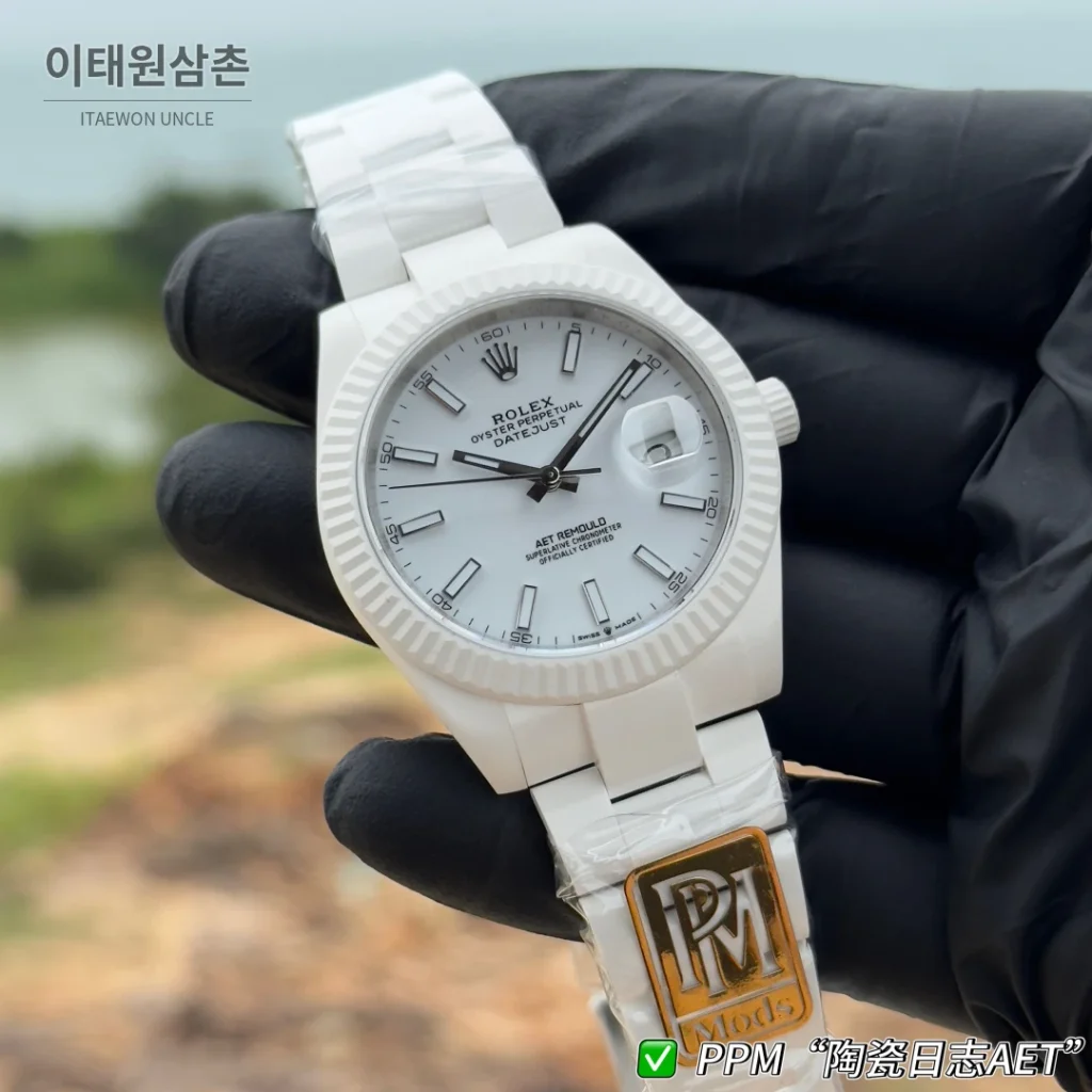 롤렉스 데이트저스트 오토매틱 41mm 화이트 다이얼 세라믹 브레이슬릿 화이트 베젤