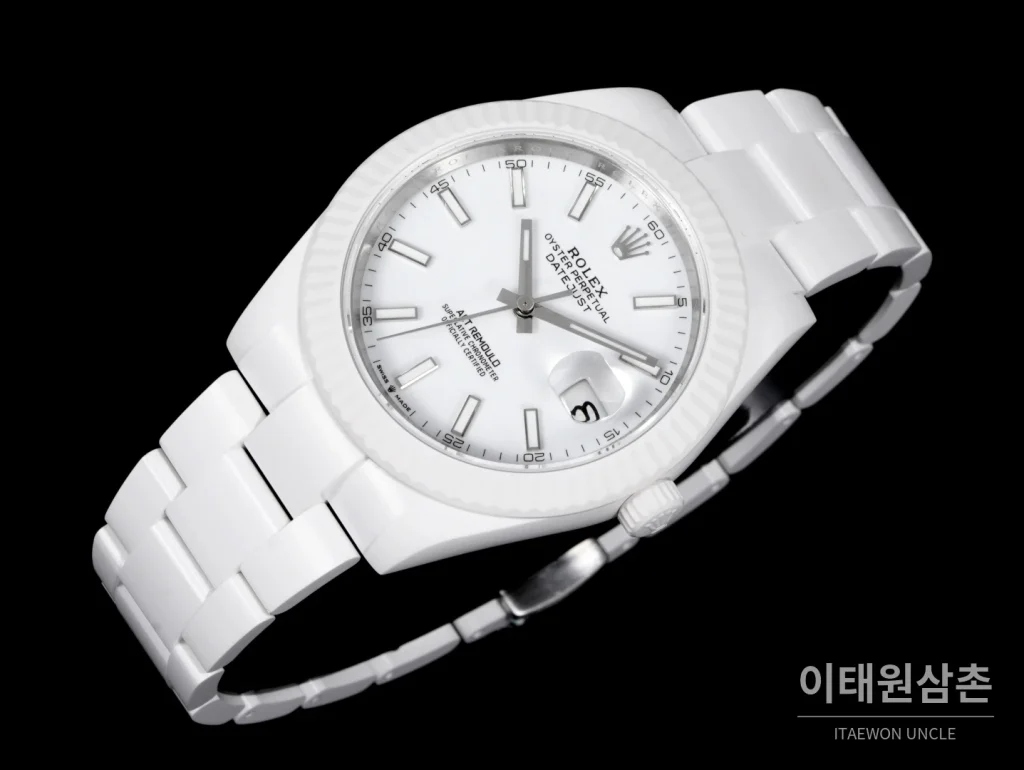 롤렉스 데이트저스트 오토매틱 41mm 화이트 다이얼 세라믹 브레이슬릿 화이트 베젤 (2)