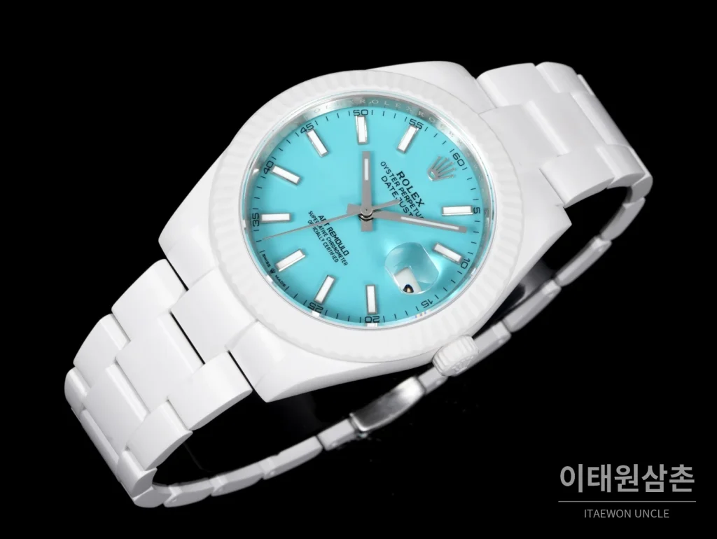 롤렉스 데이트저스트 오토매틱 41mm 아이스블루 다이얼 세라믹 브레이슬릿 화이트 베젤 (2)