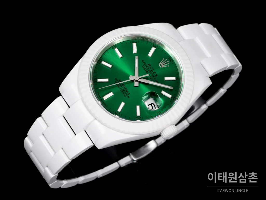 롤렉스 데이트저스트 오토매틱 41mm 그린 다이얼 세라믹 브레이슬릿 화이트 베젤