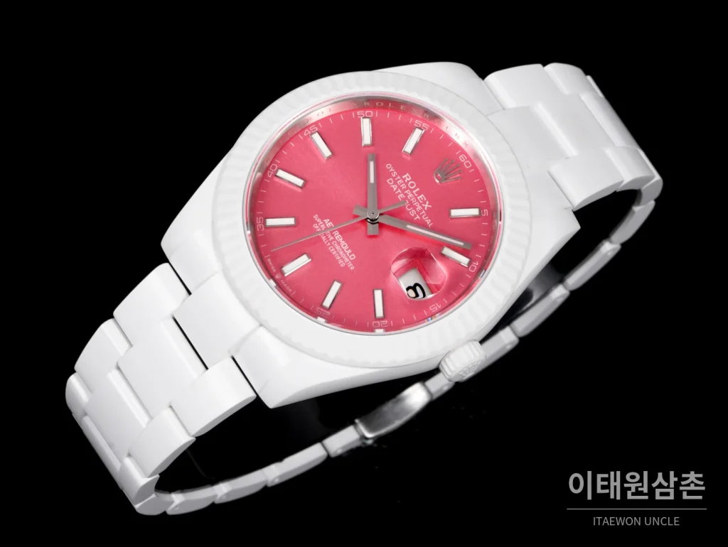 롤렉스 데이트저스트 오토매틱 41mm 핑크 다이얼 세라믹 브레이슬릿 화이트 베젤 (2)
