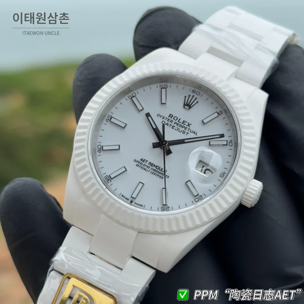 롤렉스 데이트저스트 오토매틱 41mm 화이트 다이얼 세라믹 브레이슬릿 화이트 베젤