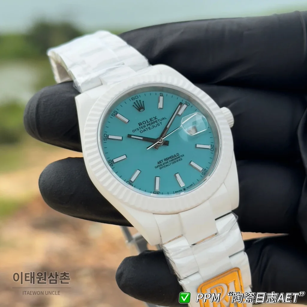 롤렉스 데이트저스트 오토매틱 41mm 아이스블루 다이얼 세라믹 브레이슬릿 화이트 베젤