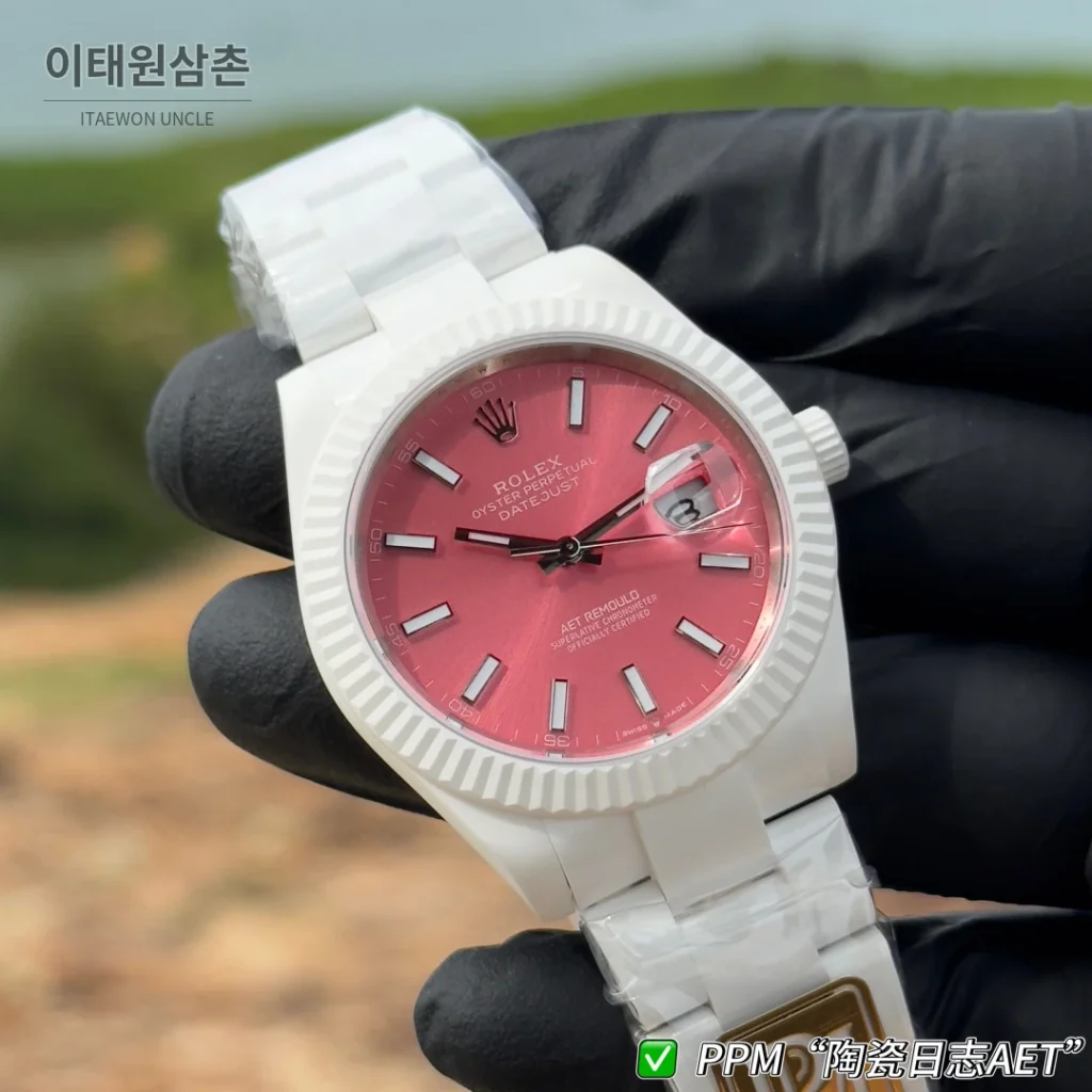 롤렉스 데이트저스트 오토매틱 41mm 핑크 다이얼 세라믹 브레이슬릿 화이트 베젤
