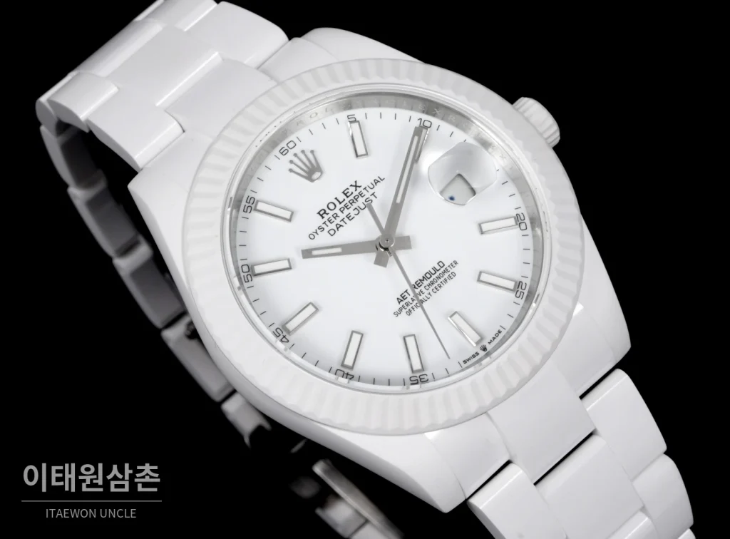 롤렉스 데이트저스트 오토매틱 41mm 화이트 다이얼 세라믹 브레이슬릿 화이트 베젤 (2)