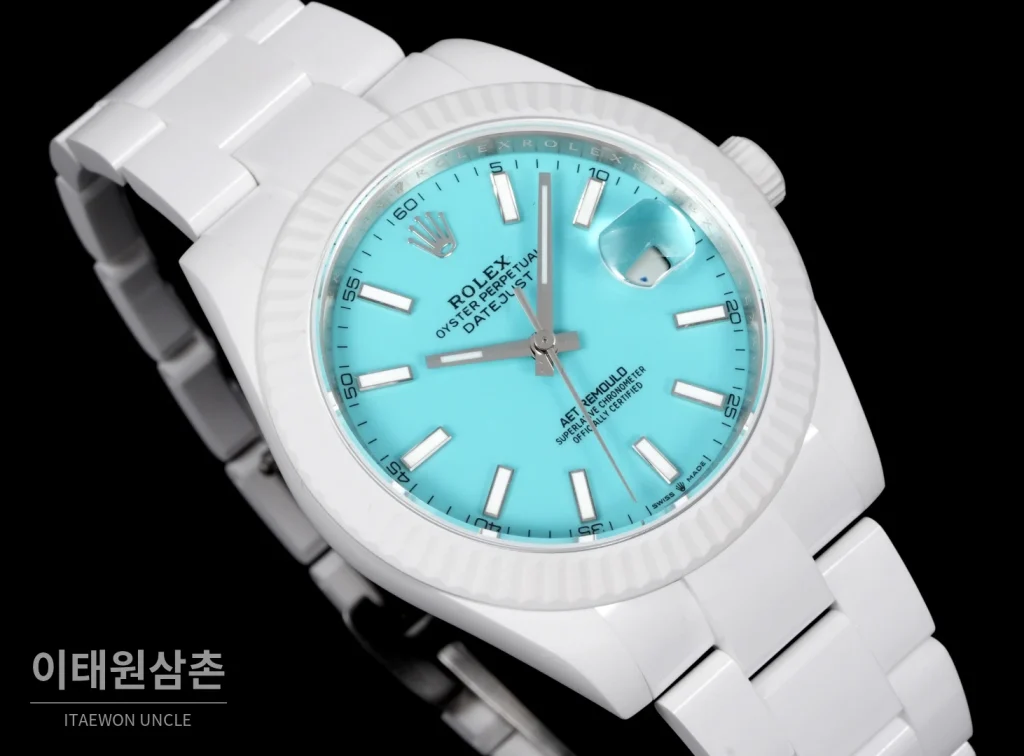 롤렉스 데이트저스트 오토매틱 41mm 아이스블루 다이얼 세라믹 브레이슬릿 화이트 베젤 (2)