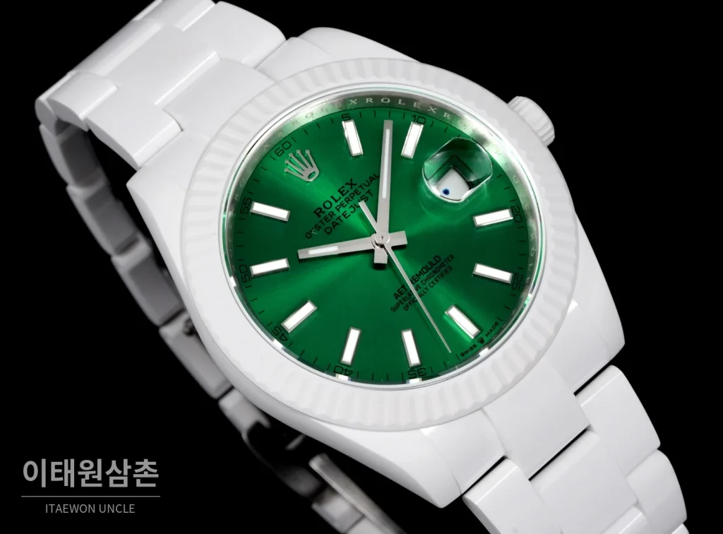 롤렉스 데이트저스트 오토매틱 41mm 그린 다이얼 세라믹 브레이슬릿 화이트 베젤