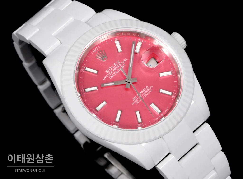 롤렉스 데이트저스트 오토매틱 41mm 핑크 다이얼 세라믹 브레이슬릿 화이트 베젤 (2)
