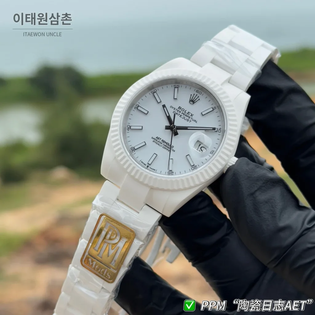 롤렉스 데이트저스트 오토매틱 41mm 화이트 다이얼 세라믹 브레이슬릿 화이트 베젤
