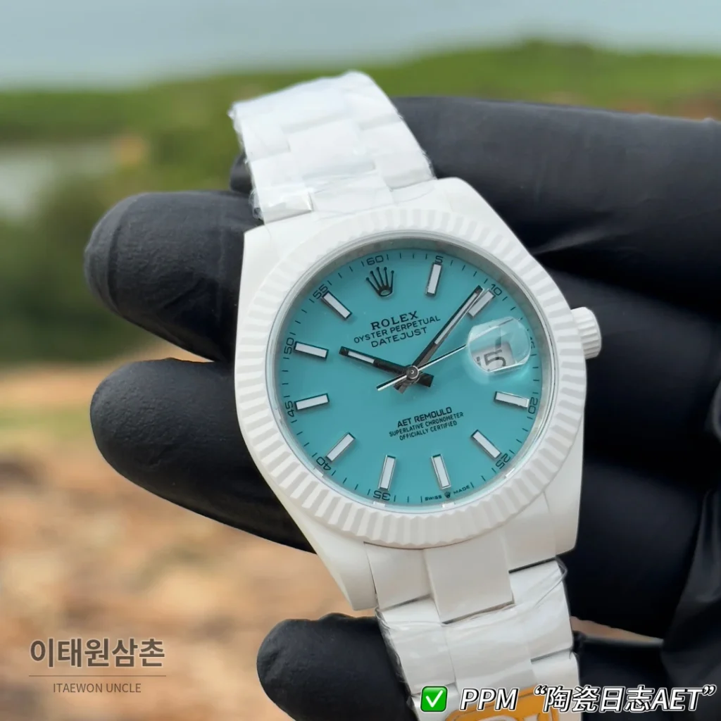 롤렉스 데이트저스트 오토매틱 41mm 아이스블루 다이얼 세라믹 브레이슬릿 화이트 베젤
