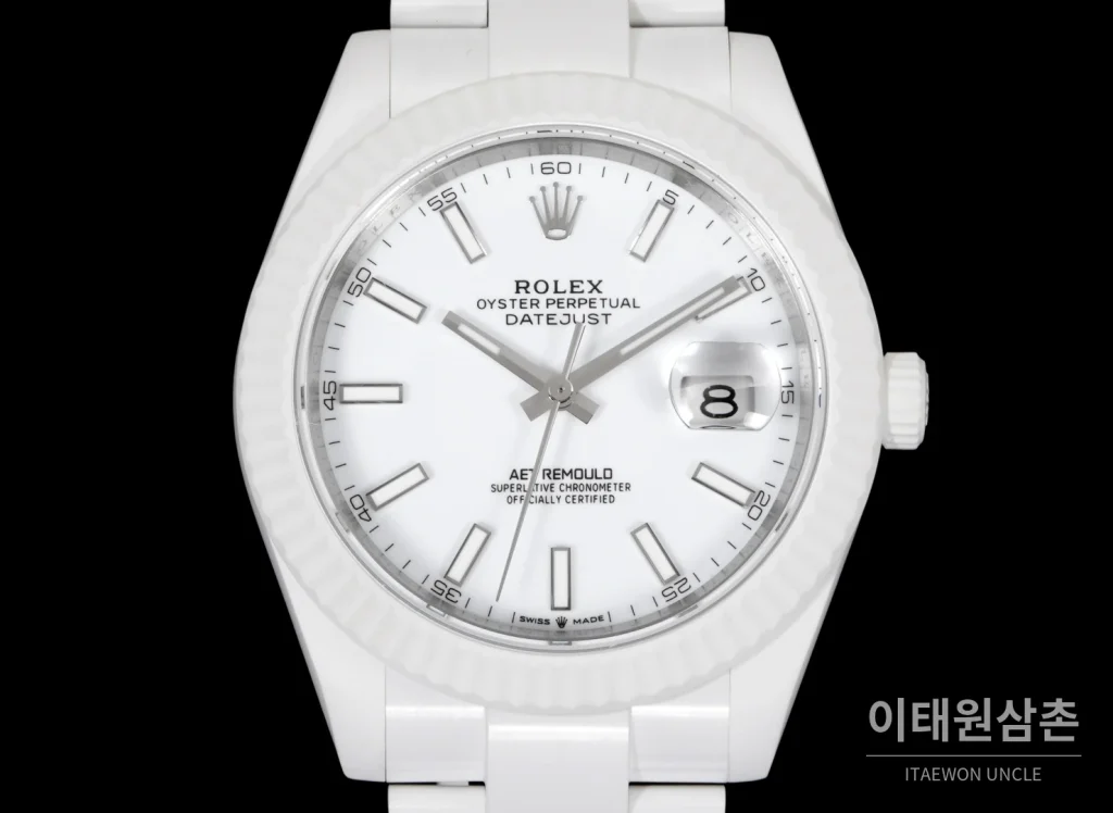 롤렉스 데이트저스트 오토매틱 41mm 화이트 다이얼 세라믹 브레이슬릿 화이트 베젤 (2)