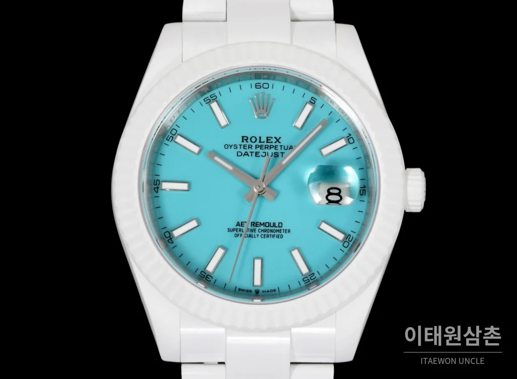 롤렉스 데이트저스트 오토매틱 41mm 아이스블루 다이얼 세라믹 브레이슬릿 화이트 베젤 (2)