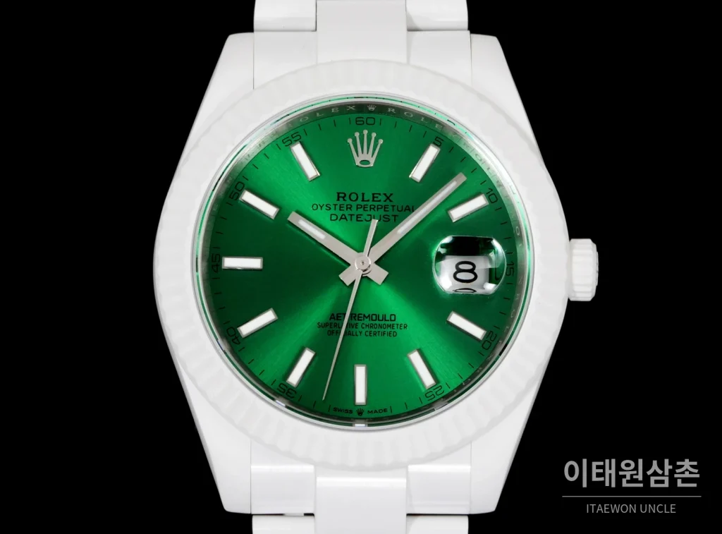 롤렉스 데이트저스트 오토매틱 41mm 그린 다이얼 세라믹 브레이슬릿 화이트 베젤