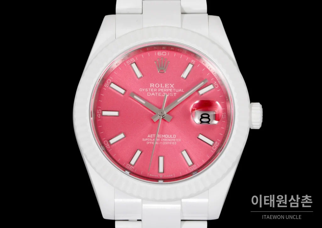 롤렉스 데이트저스트 오토매틱 41mm 핑크 다이얼 세라믹 브레이슬릿 화이트 베젤 (2)