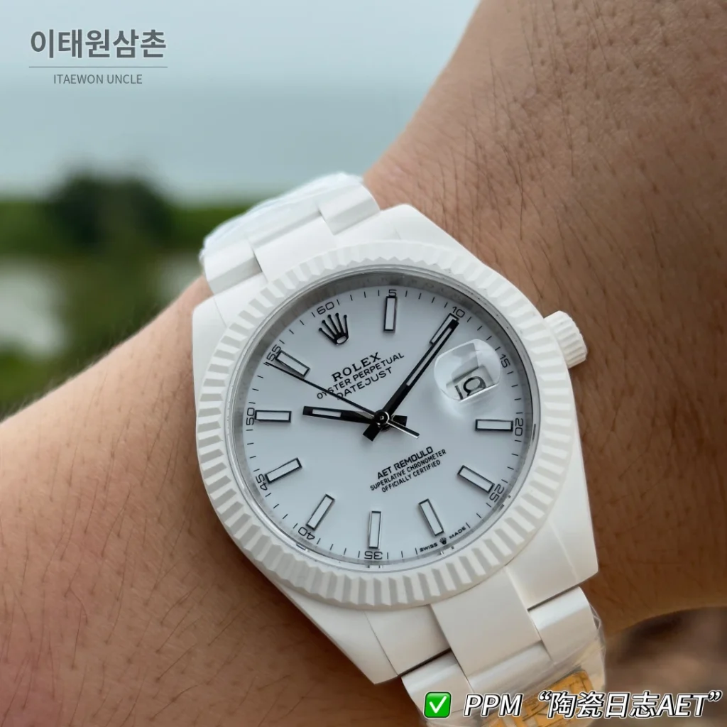 롤렉스 데이트저스트 오토매틱 41mm 화이트 다이얼 세라믹 브레이슬릿 화이트 베젤