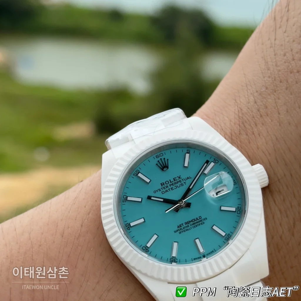 롤렉스 데이트저스트 오토매틱 41mm 아이스블루 다이얼 세라믹 브레이슬릿 화이트 베젤