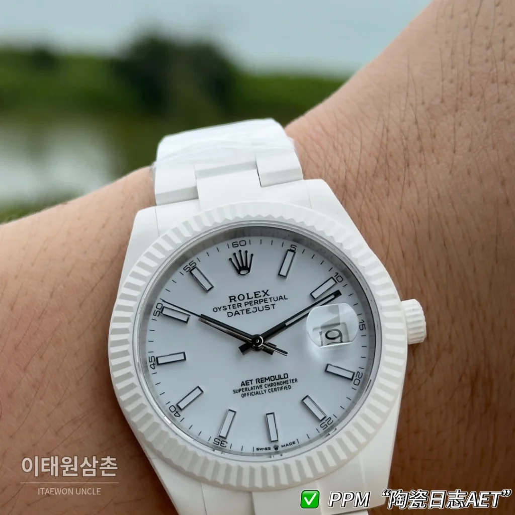 롤렉스 데이트저스트 오토매틱 41mm 화이트 다이얼 세라믹 브레이슬릿 화이트 베젤