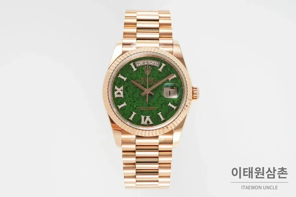 롤렉스 데이데이트36 천연원석 다이아베젤 프레지던트브레이슬릿 오토매틱 36mm 그린 다이얼 로즈골드 케이스