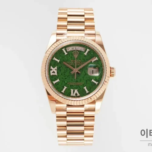 롤렉스 데이데이트36 천연원석 다이아베젤 프레지던트브레이슬릿 오토매틱 36mm 그린 다이얼 로즈골드 케이스
