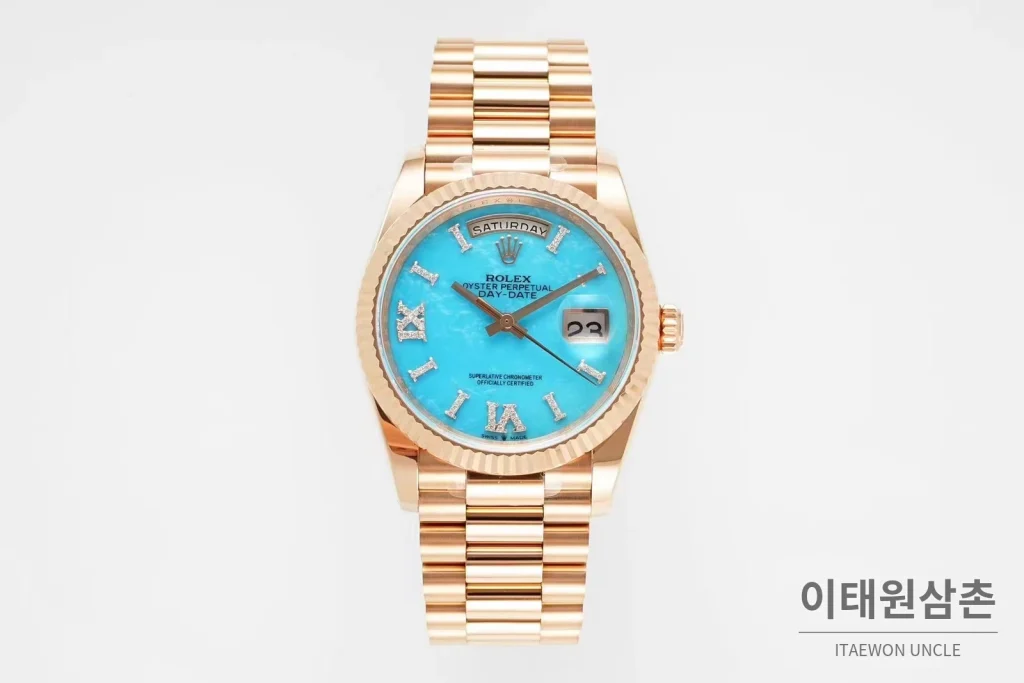 롤렉스 데이데이트36 천연원석 다이아베젤 프레지던트브레이슬릿 오토매틱 36mm 아이스블루 다이얼 로즈골드 케이스