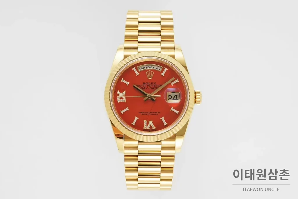 롤렉스 데이데이트36 천연원석 다이아베젤 프레지던트브레이슬릿 오토매틱 36mm 레드 다이얼 골드 케이스