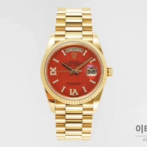 롤렉스 데이데이트36 천연원석 다이아베젤 프레지던트브레이슬릿 오토매틱 36mm 레드 다이얼 골드 케이스