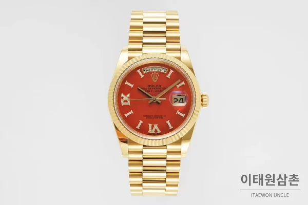 롤렉스 데이데이트36 천연원석 다이아베젤 프레지던트브레이슬릿 오토매틱 36mm 레드 다이얼 골드 케이스