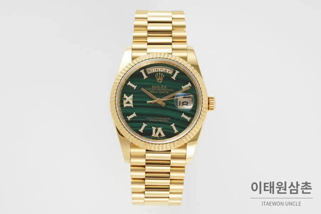 롤렉스 데이데이트36 천연원석 다이아베젤 프레지던트브레이슬릿 오토매틱 36mm 그린 다이얼 골드 케이스