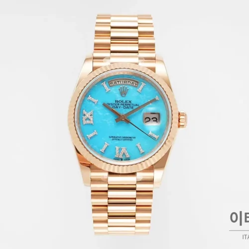 롤렉스 데이데이트36 천연원석 다이아베젤 프레지던트브레이슬릿 오토매틱 36mm 아이스블루 다이얼 로즈골드 케이스
