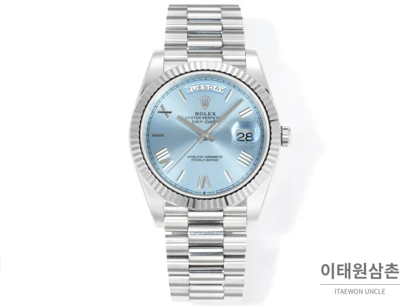 롤렉스 데이데이트 40 골드 프레지던트 브레이슬릿 오토매틱 40mm 아이스블루 다이얼