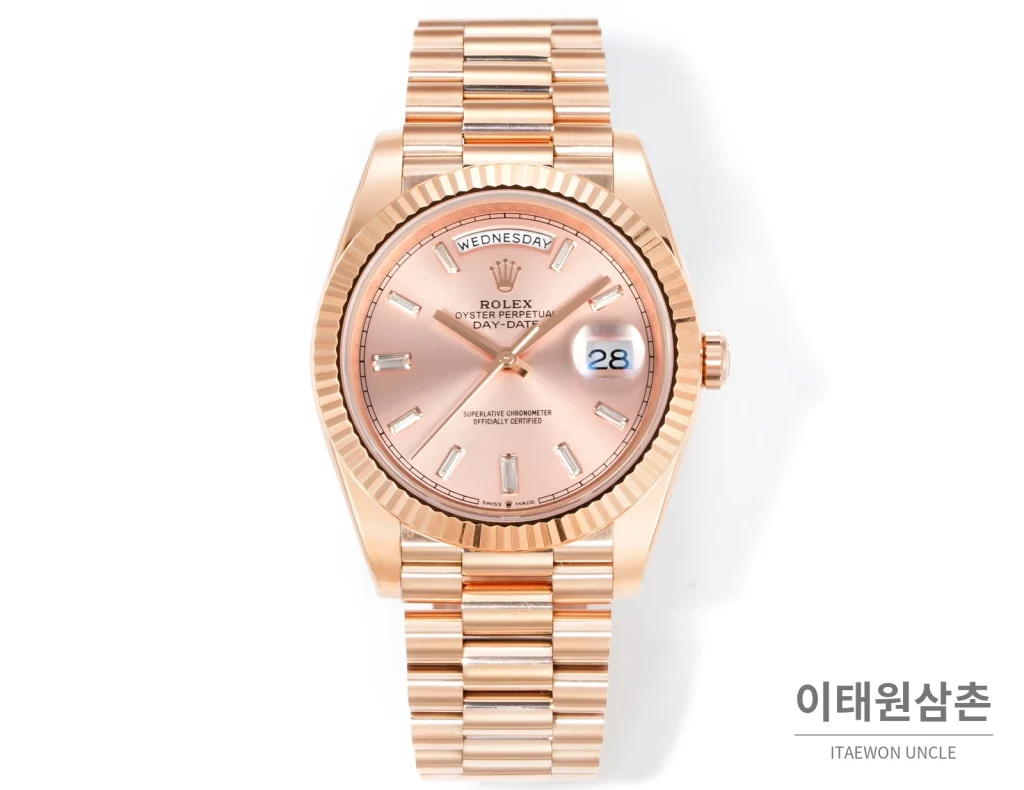 롤렉스 데이데이트 40 골드 프레지던트 브레이슬릿 오토매틱 40mm 로즈골드 다이얼