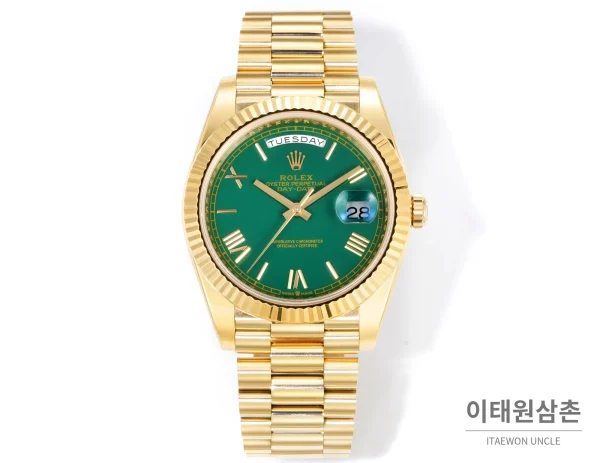 롤렉스 데이데이트 40 골드 프레지던트 브레이슬릿 오토매틱 40mm 그린 다이얼 롤렉스 데이데이트 40 골드 프레지던트 브레이슬릿 오토매틱 40mm 그린 다이얼
