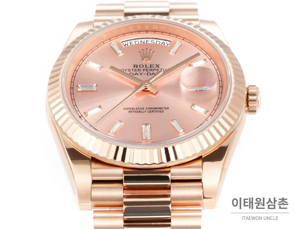 롤렉스 데이데이트 40 골드 프레지던트 브레이슬릿 오토매틱 40mm 로즈골드 다이얼