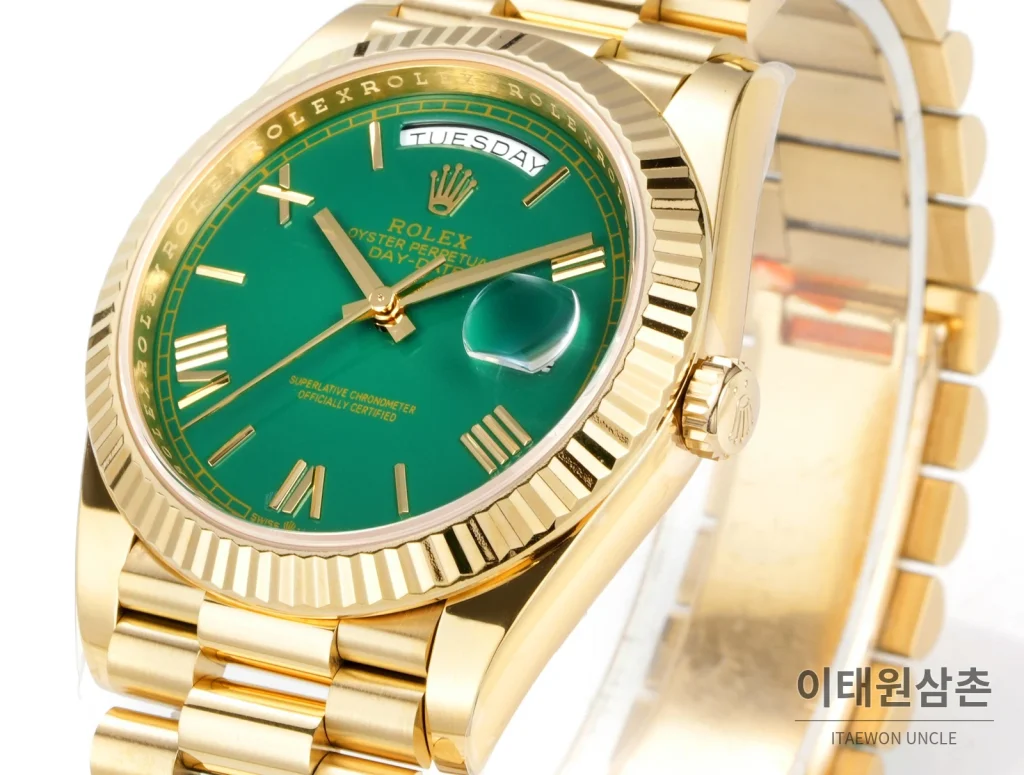 롤렉스 데이데이트 40 골드 프레지던트 브레이슬릿 오토매틱 40mm 그린 다이얼