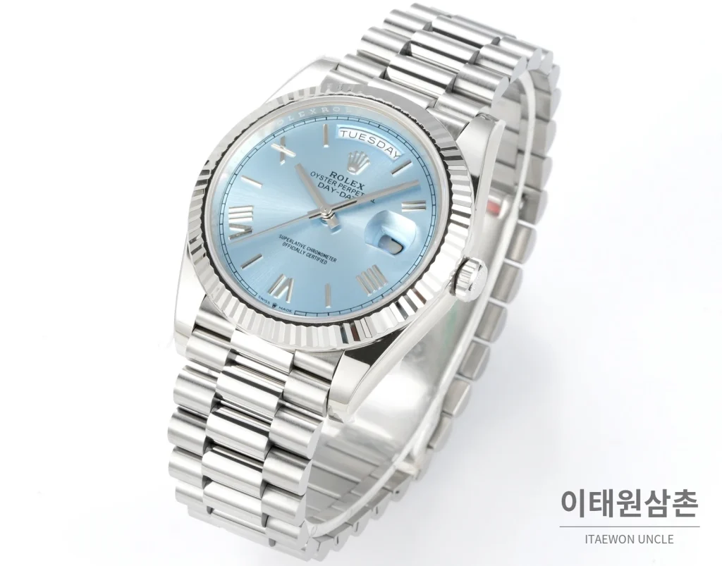 롤렉스 데이데이트 40 골드 프레지던트 브레이슬릿 오토매틱 40mm 아이스블루 다이얼