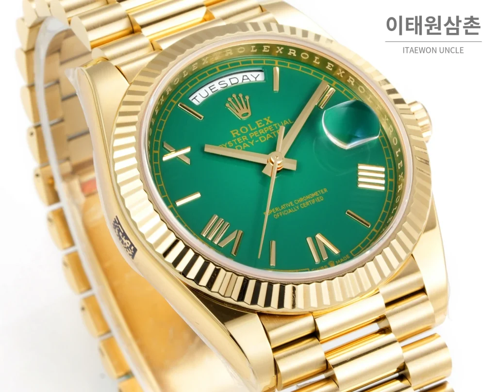 롤렉스 데이데이트 40 골드 프레지던트 브레이슬릿 오토매틱 40mm 그린 다이얼