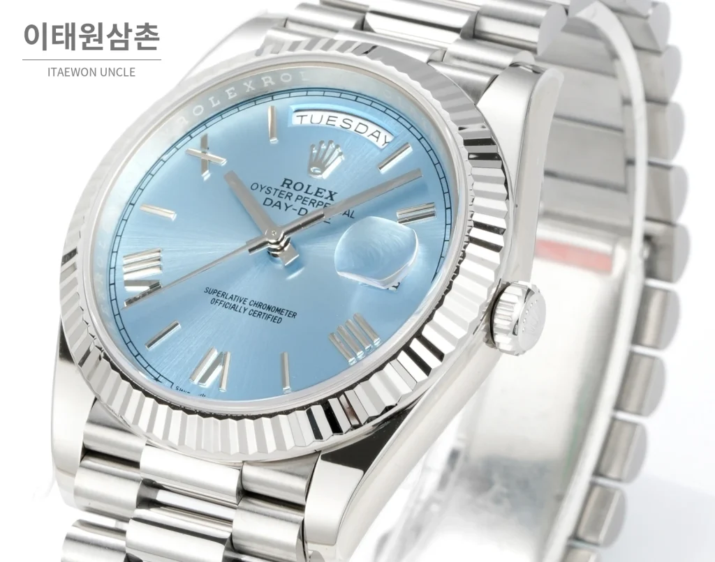 롤렉스 데이데이트 40 골드 프레지던트 브레이슬릿 오토매틱 40mm 아이스블루 다이얼