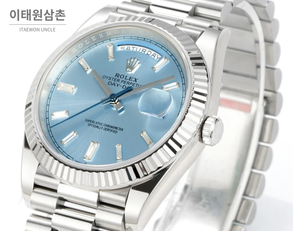 롤렉스 데이데이트 40 골드 프레지던트 브레이슬릿 오토매틱 40mm 아이스블루 다이얼 (2)