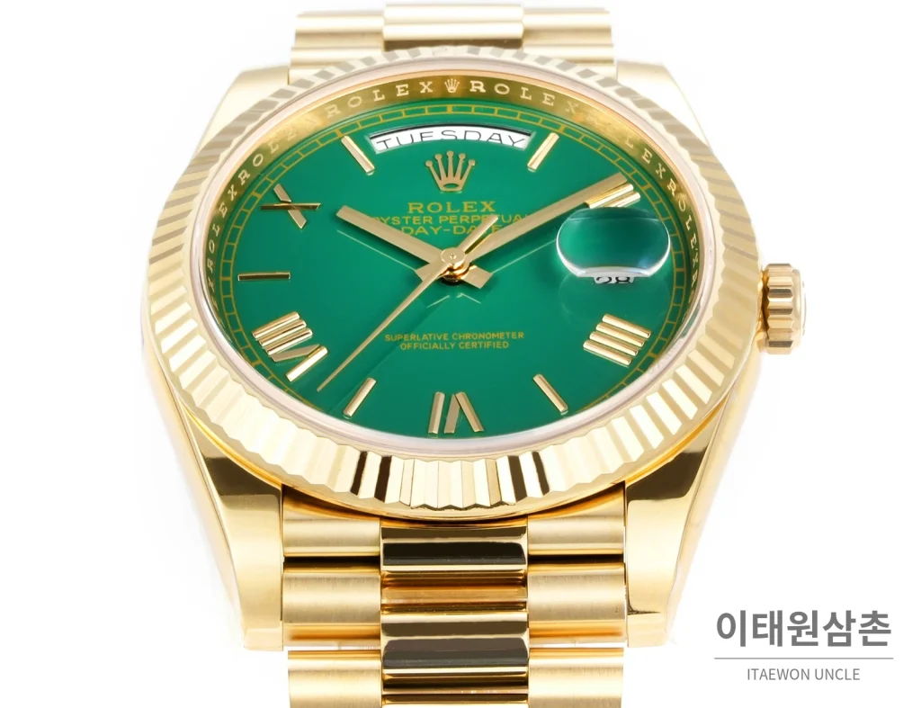 롤렉스 데이데이트 40 골드 프레지던트 브레이슬릿 오토매틱 40mm 그린 다이얼