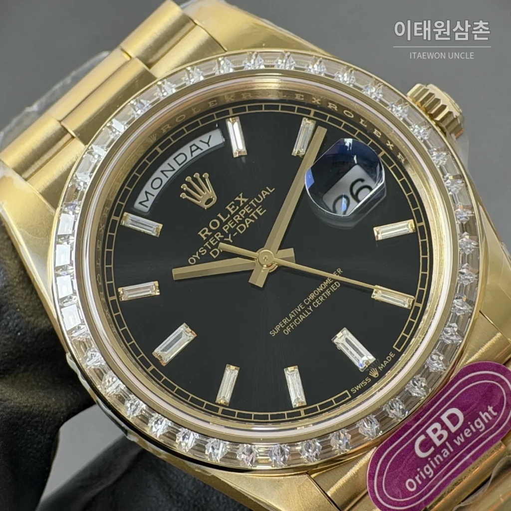 롤렉스 데이데이트 블랙 바게트다이얼 스퀘어다이아 베젤 오토매틱